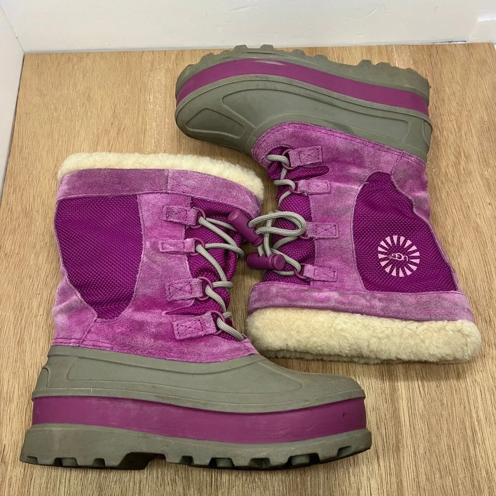 UGG Bobbey 3288 Snow Boots Kids Size 1 Purple Waterproof Shearling Lined Gray